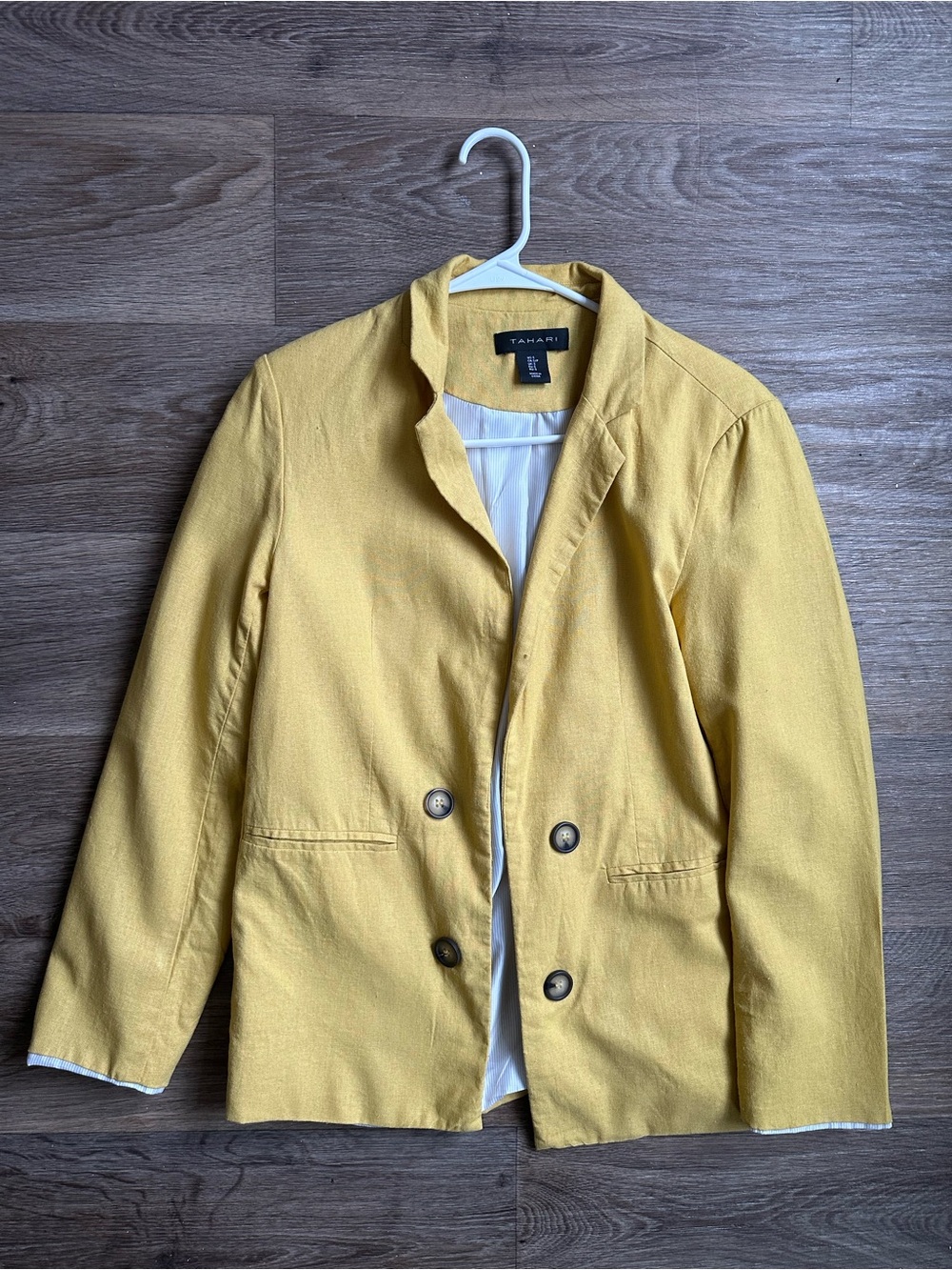 Tahari Mustard Yellow Linen Blend Double Breasted Blazer Jacket Size S